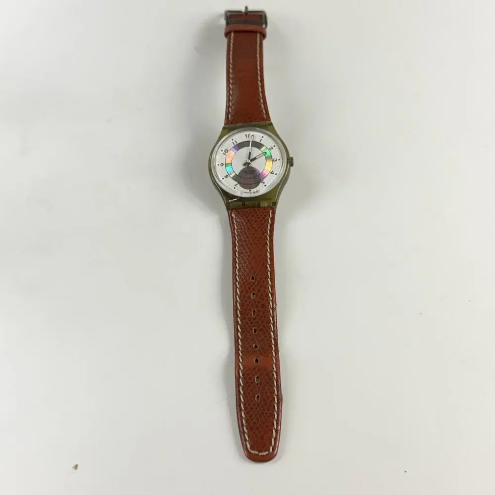 Vintage Swatch Mens Watch Orly GM110 34mm White Dial Brown Leather Strap Swiss